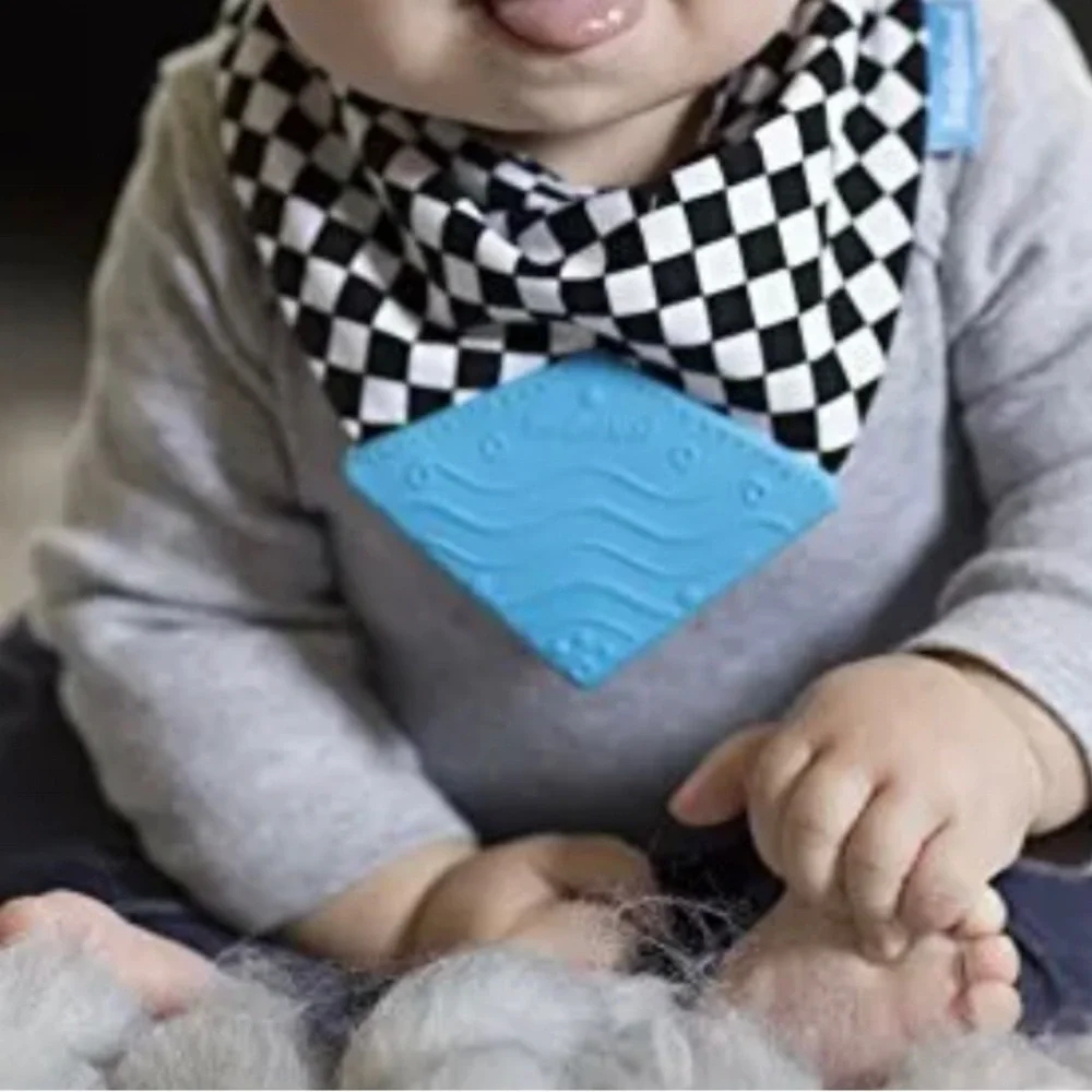 🌵 3/$15 BooginHead black white checkered bib attached blue silicone teether